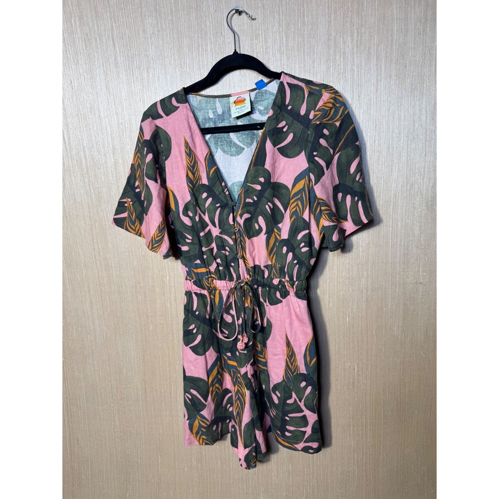 Farm Rio for Anthropologie Pink Tropical Monstera Leaf Linen Romper Small FLAW - Picture 1 of 8
